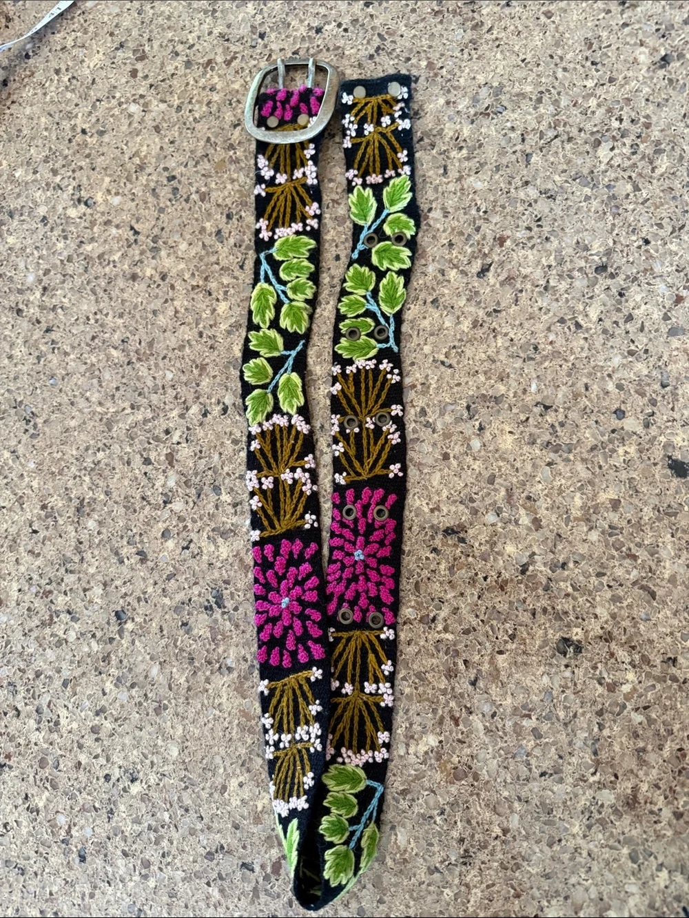 Jenny Kraus Embroidered Black Floral Women’s Belt with Pink Accents